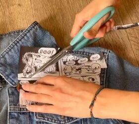 wow this is a stunning way to upcycle a denim jacket with comics, Trimming excess