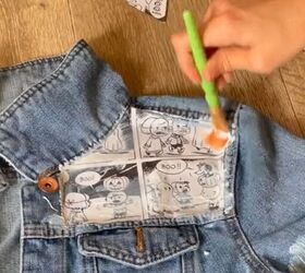 wow this is a stunning way to upcycle a denim jacket with comics, Applying Mod Podge