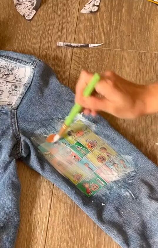 wow this is a stunning way to upcycle a denim jacket with comics, Applying Mod Podge