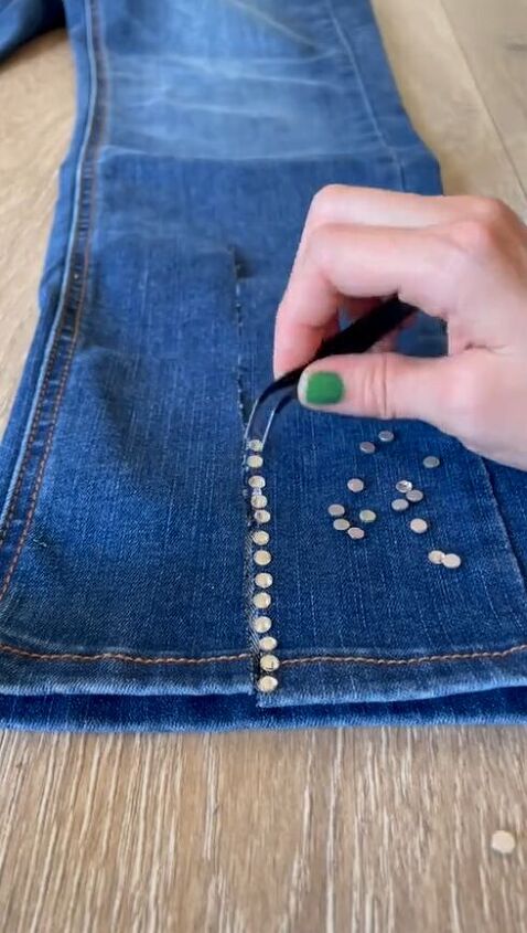 upcycle walmart jeans to look designer, Adding rhinestones