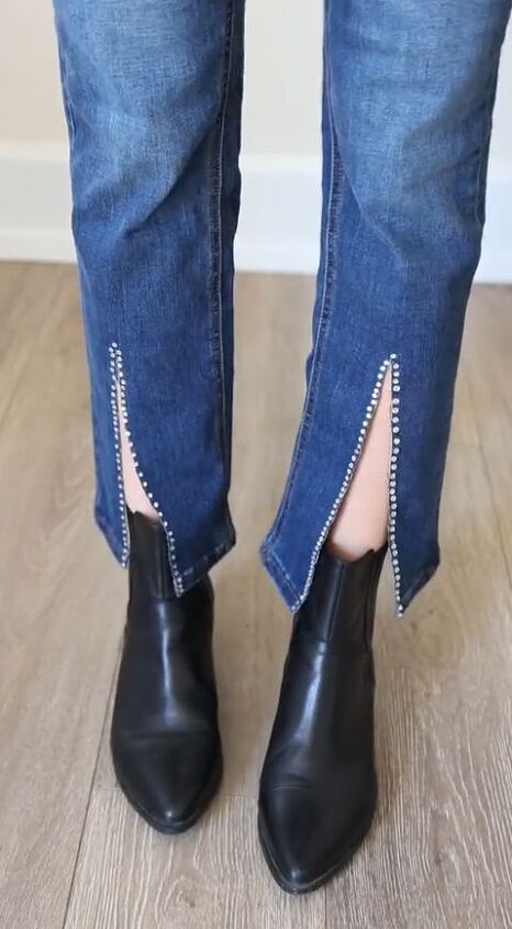 upcycle walmart jeans to look designer, Upcycled Walmart jeans DIY rhinestone jeans