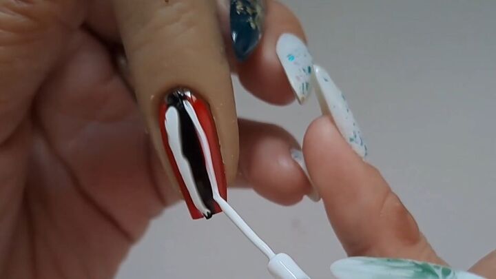 line art nails for christmas, Black white and red swirl nails