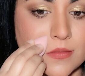 how to stop makeup creasing in smile lines, Applying setting spray with a beauty blender