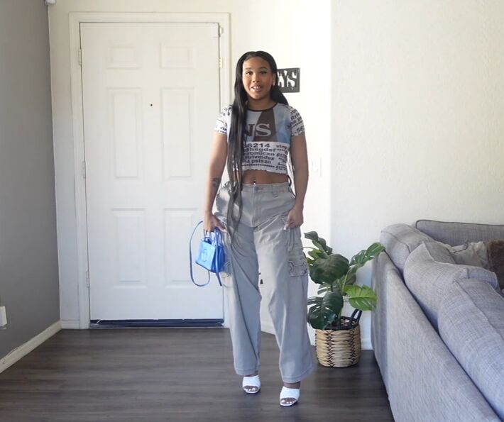 outfit ideas with cargo pants, White heels with cargo pants