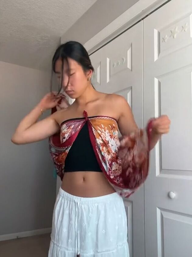 turn a silk scarf into a one shoulder top, Making one shoulder top