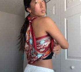 turn a silk scarf into a one shoulder top, Arranging scarf top