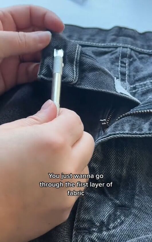 genius no sew hack for adjusting waistband to jeans, Creating a hole