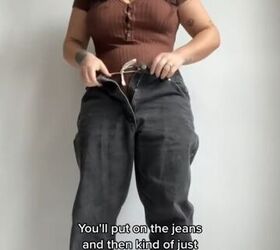 genius no sew hack for adjusting waistband to jeans, Putting jeans on