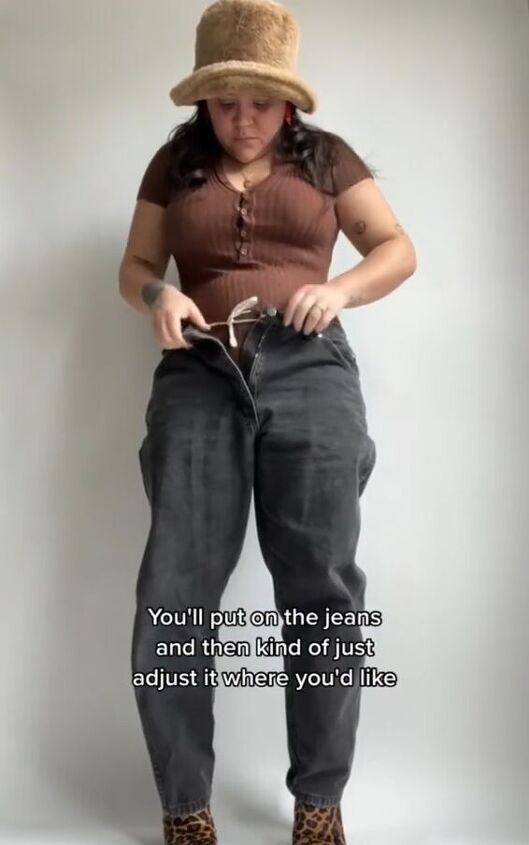 genius no sew hack for adjusting waistband to jeans, Putting jeans on