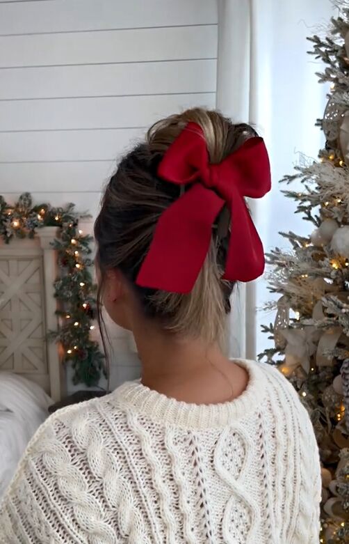 grab a ribbon and do this to give your hair a festive look, Festive bow hairdo