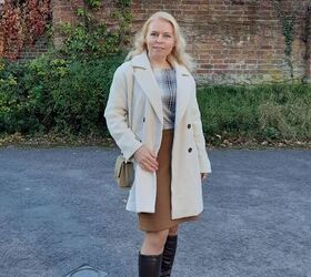 three knee high boots outfits, Cream mid length coat and knee high boots