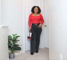 jeans and top outfit ideas, Red long sleeve top