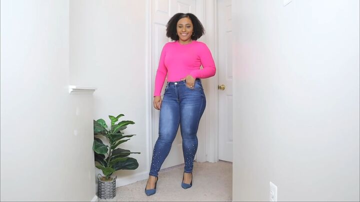 jeans and top outfit ideas, Ribbed bright pink top