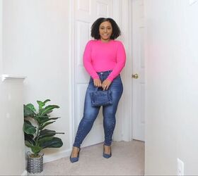 jeans and top outfit ideas, Ribbed bright pink top
