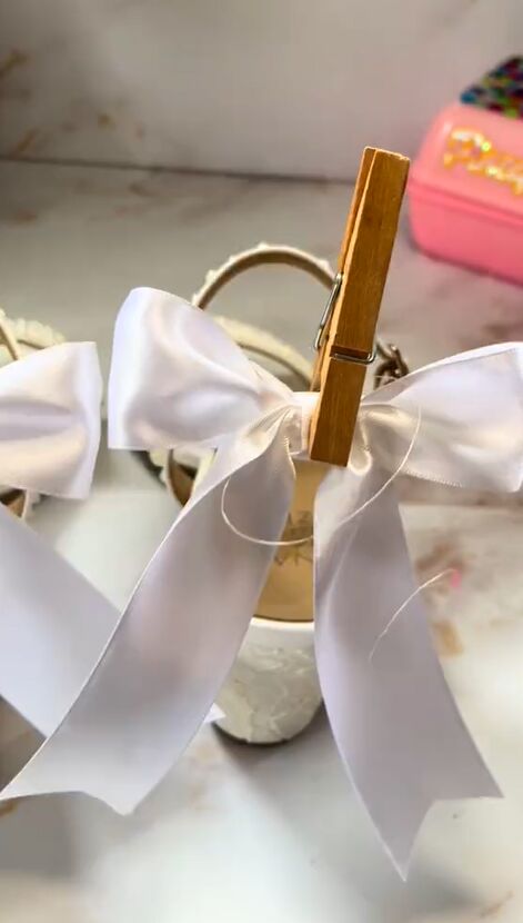 diy custom pearl wedding heels, Leaving bows to dry