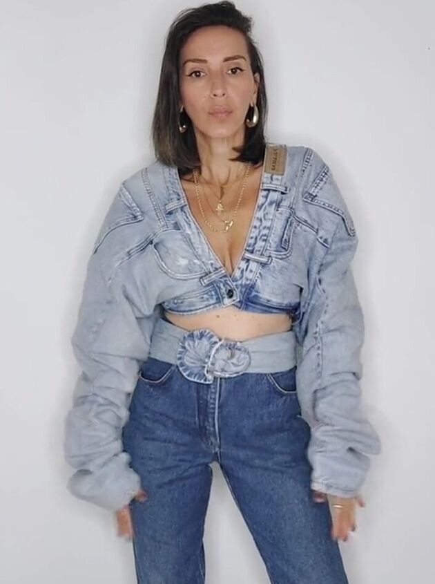 would you try this unique way to wear 3 pairs of jeans at once, DIY jeans top
