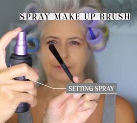 youthful makeup look, Applying setting spray to brush