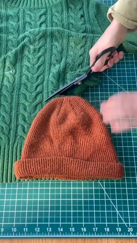 use an old sweater to diy a new beanie, Cutting around beanie