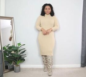 church outfit ideas, Sweater dress with snake print boots