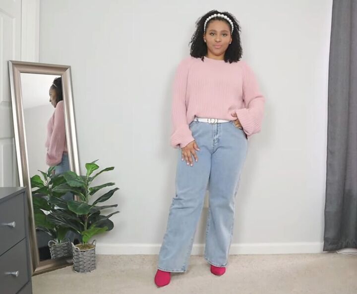 church outfit ideas, Stylish jean ensemble with pink accents