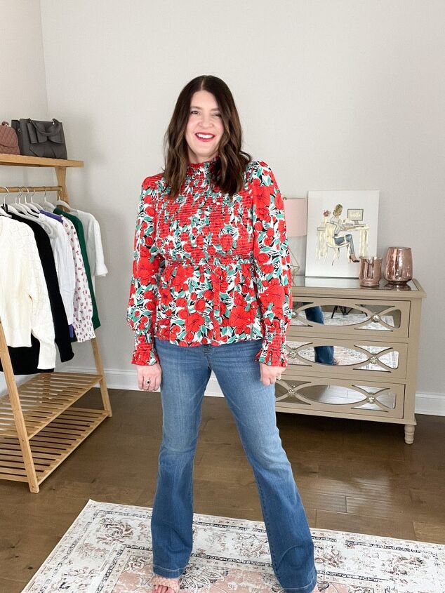 5 spring outfit ideas that will elevate your style, Smocked Red Floral Top Spanx Flare Jeans