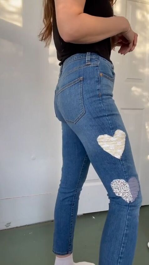 glue a thrifted quilt to your jeans and fall in love with the results, DIY heart jeans