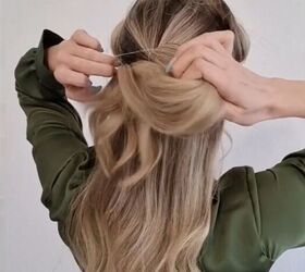 easy hack for half up hairdos, Tying second half ponytail