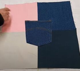 She places a jeans pocket on 4 squares of fabric for an upcycle we seriously can&#39;t stop thinking about