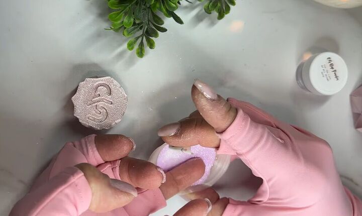 pink and white dip powder nails, Applying dip powder