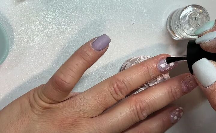 pink and white dip powder nails, Applying top coat