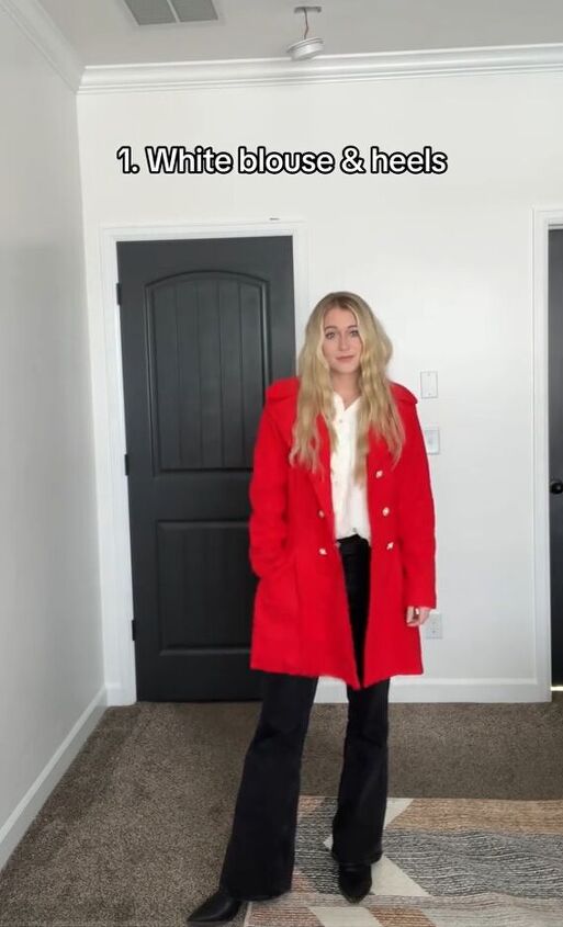 how to style a red coat, White blouse and heels