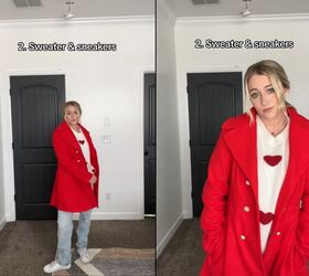 how to style a red coat, Sweater and sneakers
