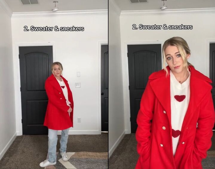 how to style a red coat, Sweater and sneakers