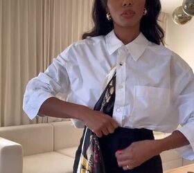 how to style a scarf on a white shirt, Tucking blouse