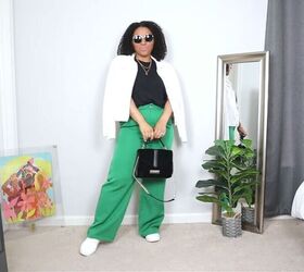 what to wear with wide leg pants, Bright green wide leg pants