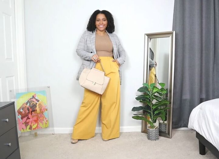 what to wear with wide leg pants, Mustard yellow wide leg pants