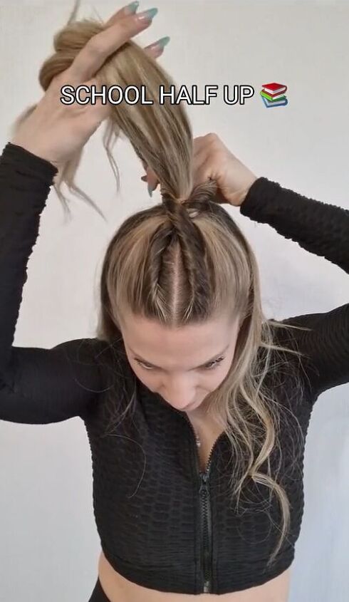 easy half up half down twist hairstyle, Pulling ponytail through loop