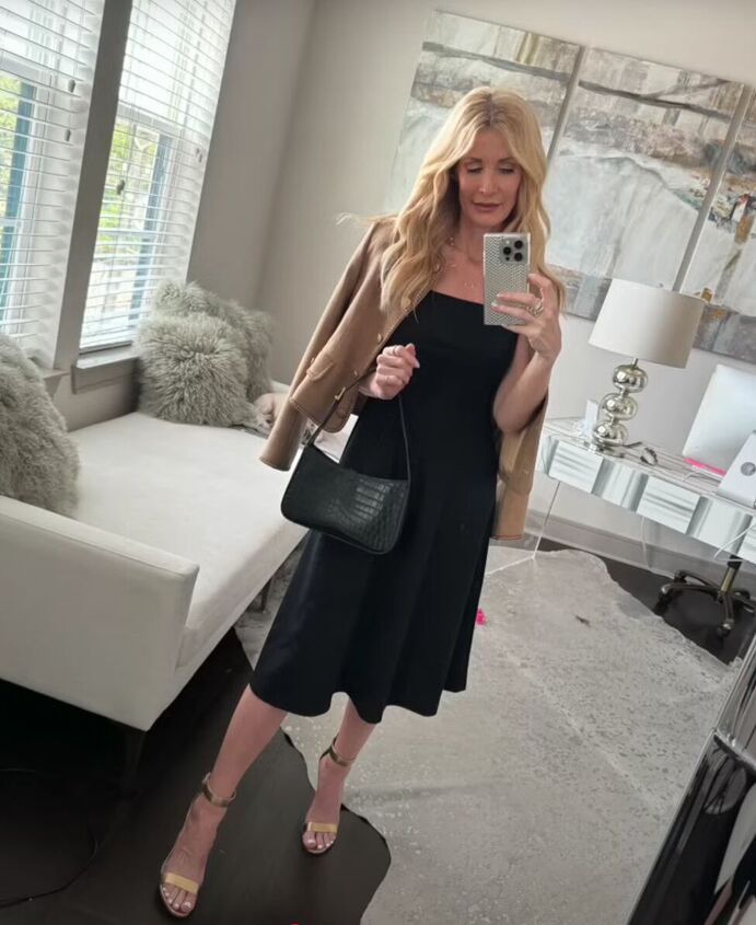 casual spring outfits for over 40, Camel jacket and black dress