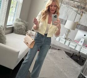 casual spring outfits for over 40, Wide leg jeans and ivory blazer