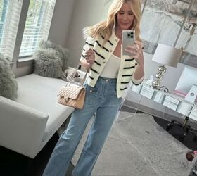 casual spring outfits for over 40, Wide leg jeans and striped cardigan