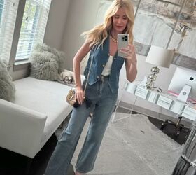 casual spring outfits for over 40, Denim vest and wide leg jeans