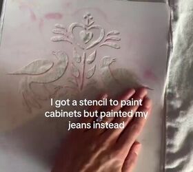 She uses a cabinet stencil on her jeans… the results are unreal