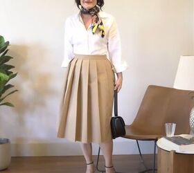 pleated midi skirt outfit, Beige pleated midi skirt outfit idea