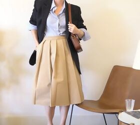 pleated midi skirt outfit, Beige pleated midi skirt outfit idea