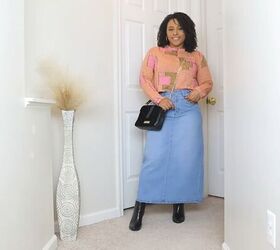 Denim maxi skirt paired with a bold sweater