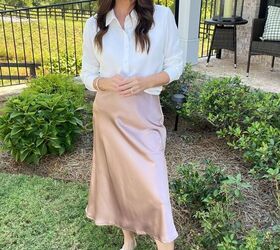 5 ways to wear a satin skirt, white button down with satin skirt outfit