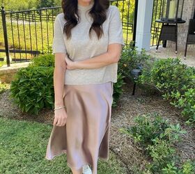 5 ways to wear a satin skirt, fall outfit idea with satin skirt