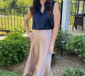 5 ways to wear a satin skirt, satin midi skirt outfit