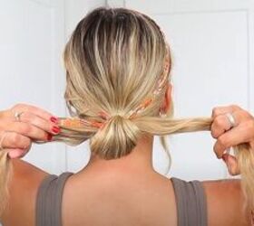 scarf hairstyles, Creating a low ponytail bun with a scarf