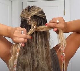 scarf hairstyles, Creating a half up twisted bun with a scarf